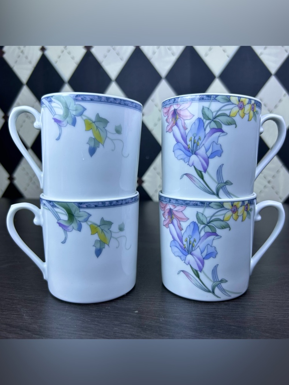 Floral Porcelain Coffee Mugs - White with Purple & Yellow Flowers (Set of 4) - Picture 3 of 7